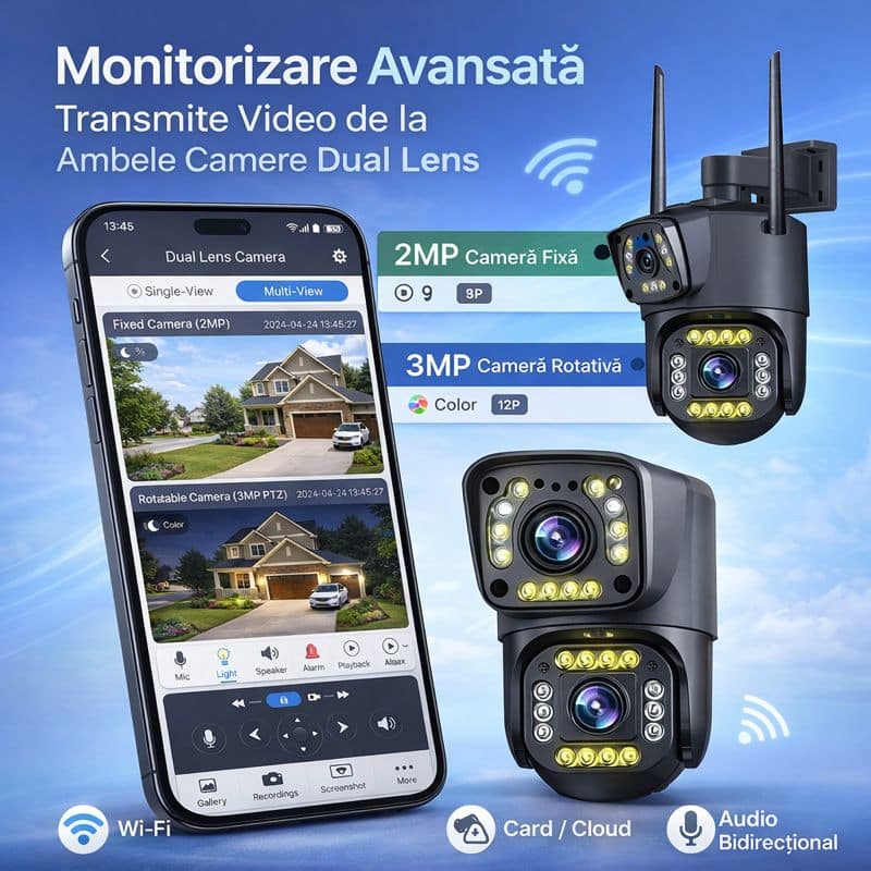 Cameră de supraveghere WiFi Dual Lens – Fixă + Rotativă, V380 Pro 5mp - imagine 2