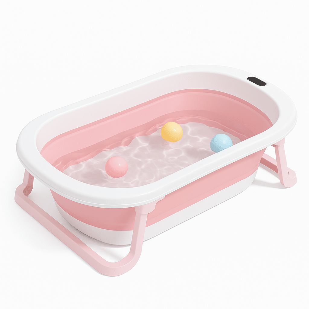 cadita cu pernuta pentru bebelusi termometru digital incorporat pliabila dop de scurgere picioare anti alunecare design ergonomic roz - imagine 3