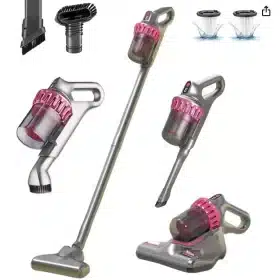 Aspirator Vertical Si De Mana Anti Acarieni, Fara Fir 5in1 JRH® 100W, Lumina UVC, 3x Trepte Viteza, 3x Filtru Hepa, Reincarcabil USB-C Baterie 1500mAh, Capacitate Rezervor 260Ml, Autonomie +/-30 Min, Fara Sac, Ideal Pentru Podele, Praf, Par, Gri-Roz