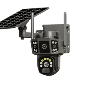 Cameră de supraveghere 4G cu panou solar, 4 camere, zoom optic 10X, detecție umană PIR, LED-uri IR și alarmă, rotație 355°/90°, rezistență la apă IP66, control prin aplicație, sistem CCTV securizat.
