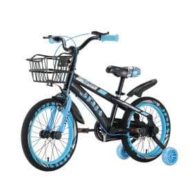 Bicicletă copii JRH Sport 16 inch, cu roți ajutătoare LED, cadru oțel, frână de mână, coș – Negru/Albastru