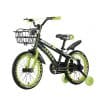 Bicicletă copii JRH Sport 16 inch, cu roți ajutătoare LED, cadru oțel, frână de mână, coș – Negru/verde