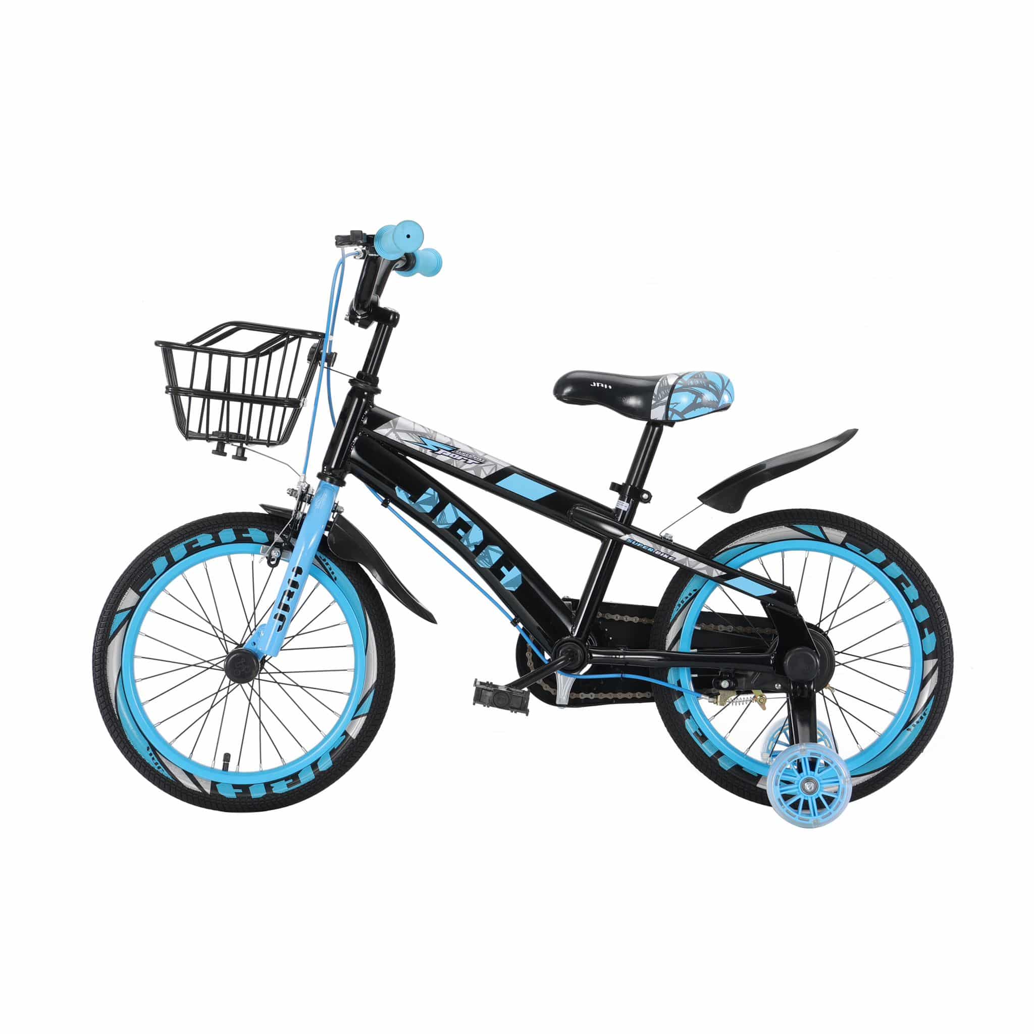 Bicicletă copii JRH Sport 16 inch, cu roți ajutătoare LED, cadru oțel, frână de mână, coș – Negru/Albastru - imagine 4