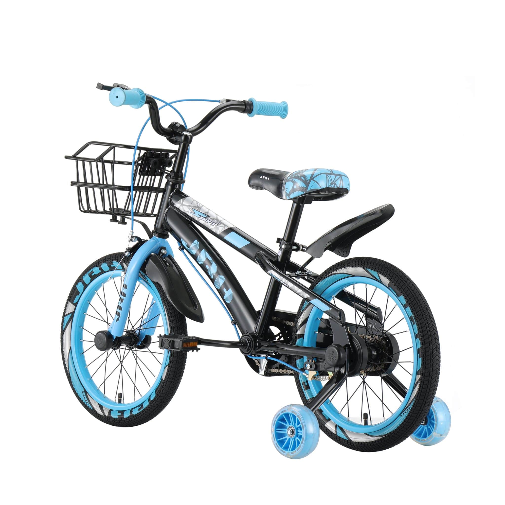 Bicicletă copii JRH Sport 16 inch, cu roți ajutătoare LED, cadru oțel, frână de mână, coș – Negru/Albastru - imagine 3