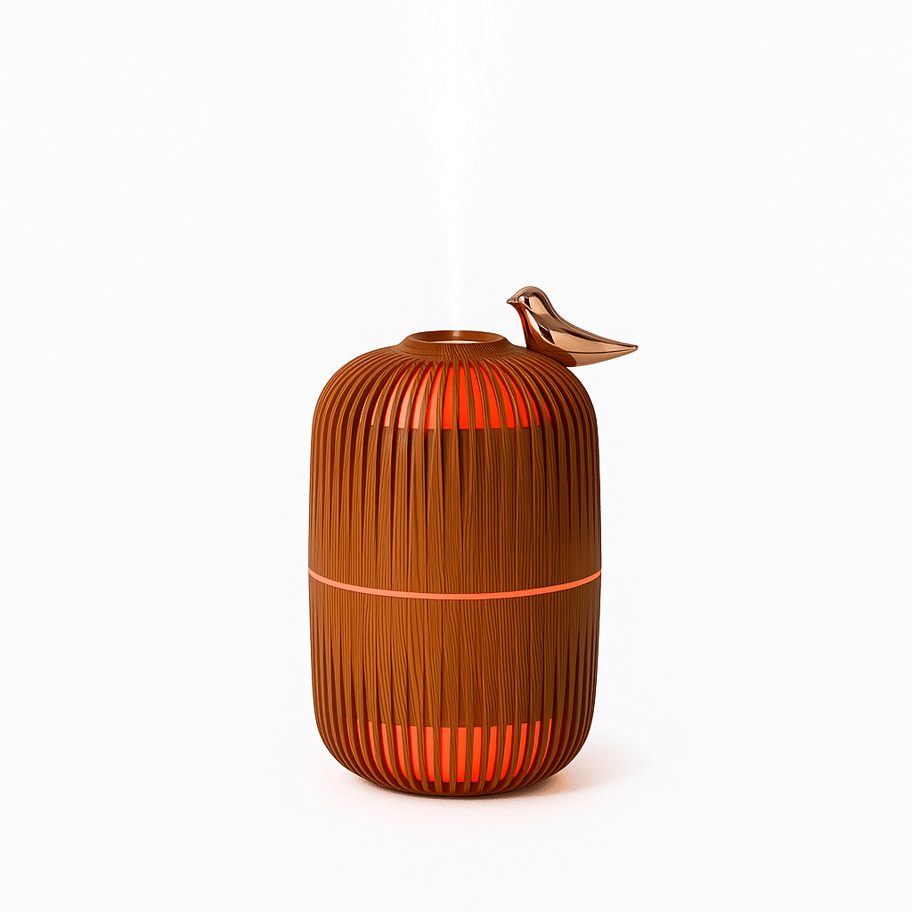 Umidificator Aromaterapie Design Colivie cu Păsărică – 280ml, Lemn Decorativ, Lumină LED 7 Culori, Ultrasilentios