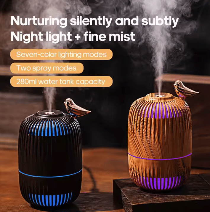 Umidificator Aromaterapie Design Colivie cu Păsărică – 280ml, Lemn Decorativ, Lumină LED 7 Culori, Ultrasilentios - imagine 5