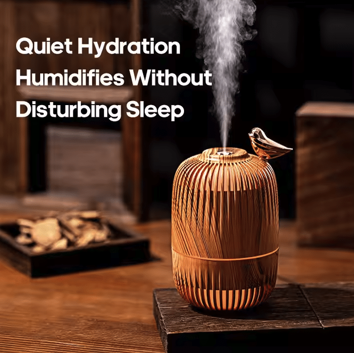 Umidificator Aromaterapie Design Colivie cu Păsărică – 280ml, Lemn Decorativ, Lumină LED 7 Culori, Ultrasilentios - imagine 4