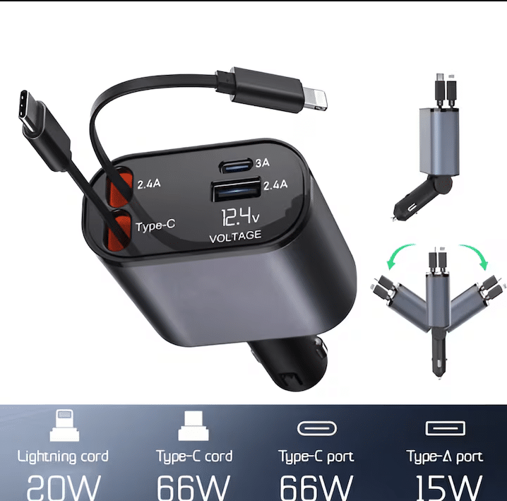Incarcator Auto 4 in 1, multi-port, cabluri retractabile, USB-C si Lightning, 100W Incarcare rapida, Gri Metalic - imagine 4