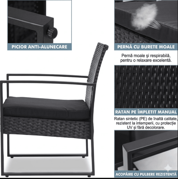 Set mobilier terasă și grădină 3 piese, tehnorattan negru cu perne impermeabile și masă compactă - imagine 4