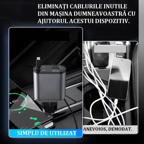 Incarcator Auto 4 in 1, multi-port, cabluri retractabile, USB-C si Lightning, 100W Incarcare rapida, Gri Metalic - imagine 6