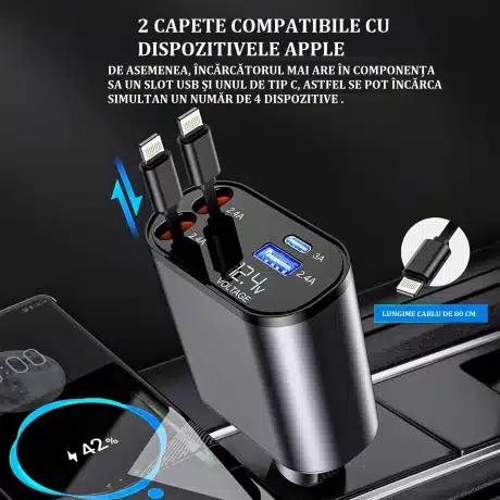 Incarcator Auto 4 in 1, multi-port, cabluri retractabile, USB-C si Lightning, 100W Incarcare rapida, Gri Metalic - imagine 5