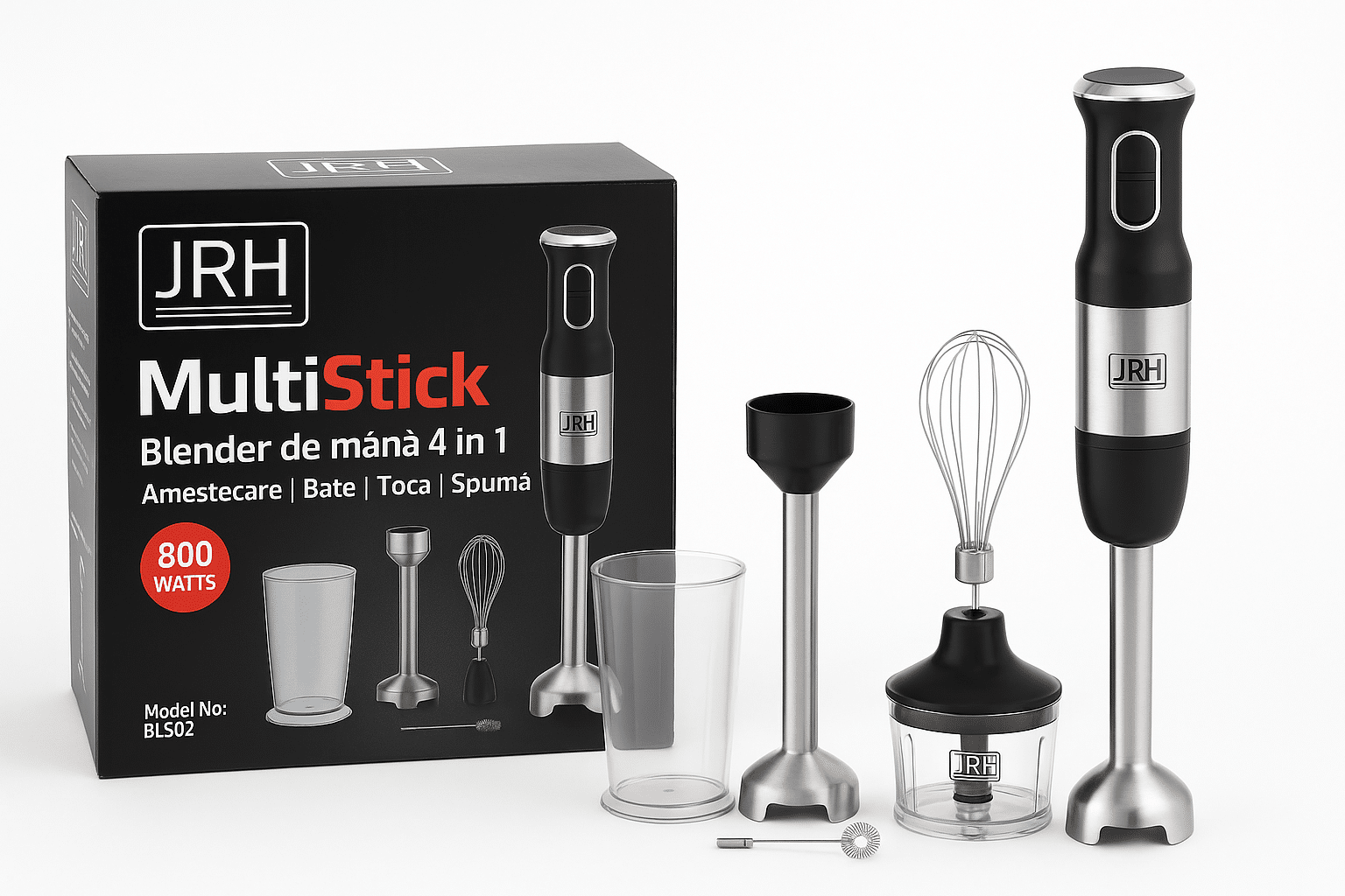 Set blender de mana 4 in 1, 800W JRH multiStick Inox, Accesorii Incluse
