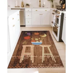 Covor bucătărie maro , model modern rustic cu fructe și textură lemn, 100% poliester