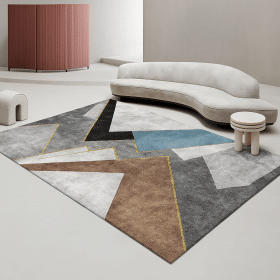 Covor living modern imprimat 3D, rezistent și durabil, design abstract multicolor cu accente aurii