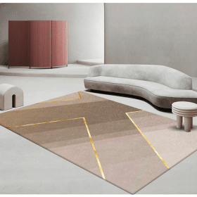 Covor modern imprimat bej 3D, 100% poliester, design geometric în tonuri bej-maro cu accente aurii