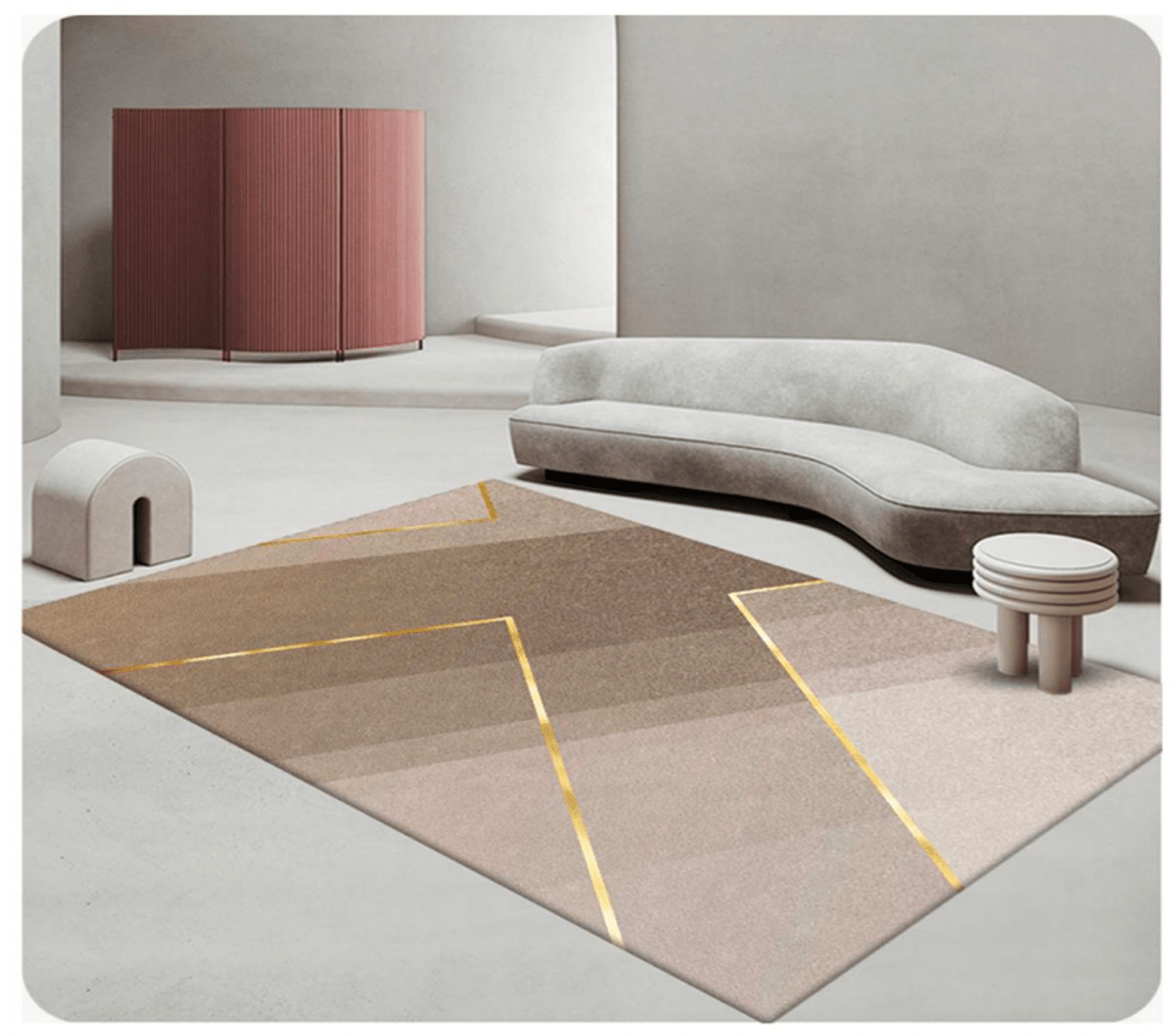 Covor modern imprimat bej 3D, 100% poliester, design geometric în tonuri bej-maro cu accente aurii