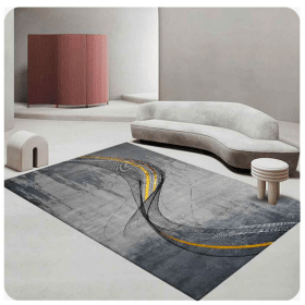 Covor living modern imprimat 3D, 100% poliester, design abstract gri cu accente aurii și negre
