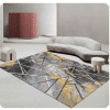 Covor modern imprimat 3D, 100% poliester, design abstract gri-galben cu linii geometrice negre