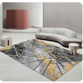 Covor modern imprimat 3D, 100% poliester, design abstract gri-galben cu linii geometrice negre
