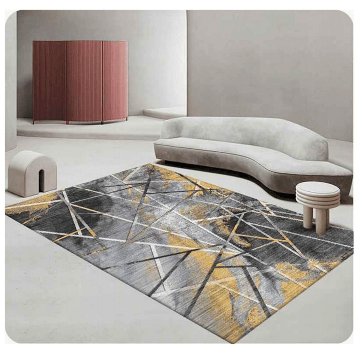 Covor modern imprimat 3D, 100% poliester, design abstract gri-galben cu linii geometrice negre