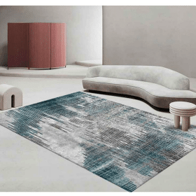 Covor living modern imprimat 3D, 100% poliester, design abstract gri-turcoaz cu efect vizual contemporan
