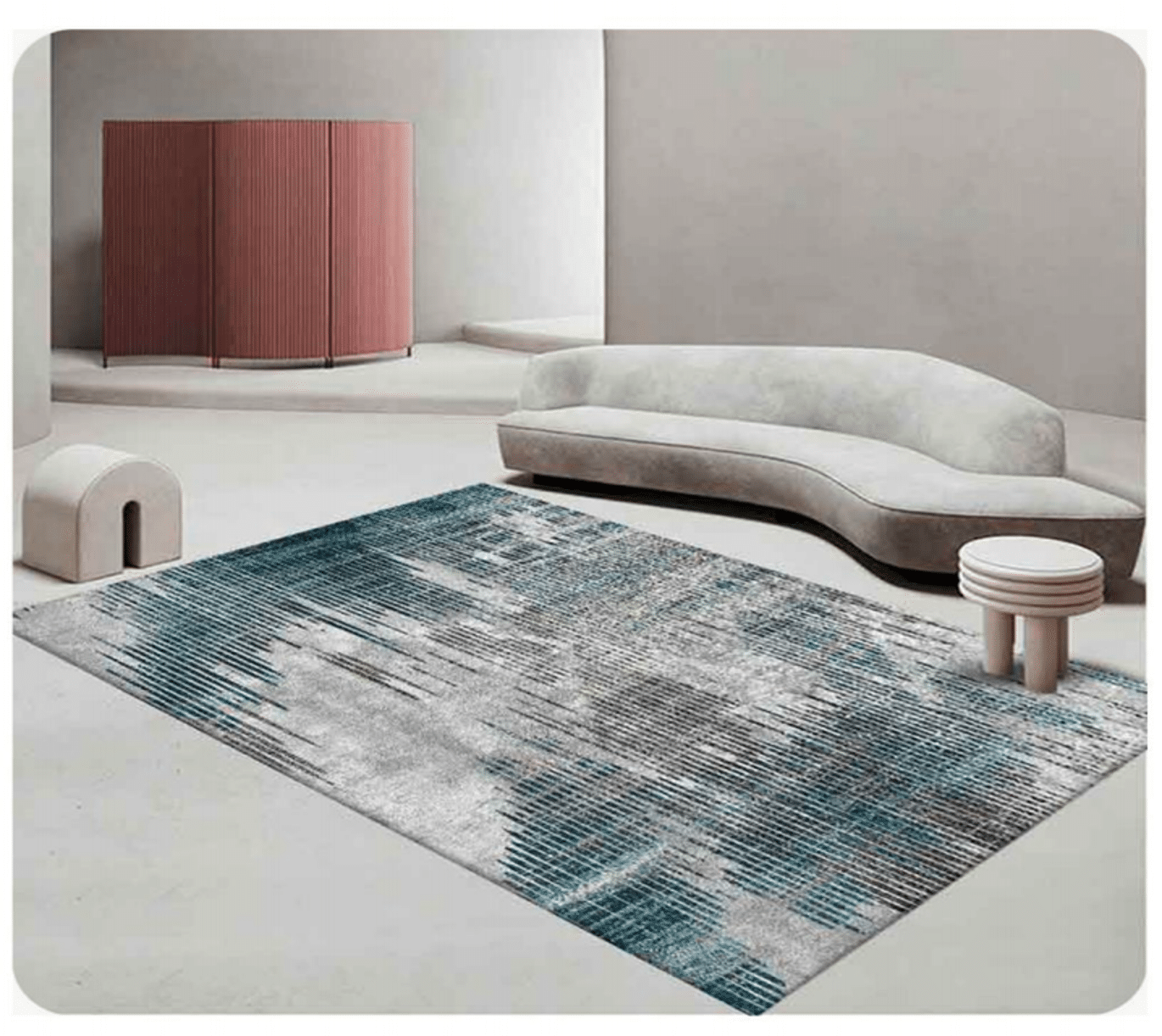 Covor living modern imprimat 3D, 100% poliester, design abstract gri-turcoaz cu efect vizual contemporan