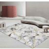 Covor modern imprimat 3D, 100% poliester, design marmură alb-gri cu linii geometrice aurii