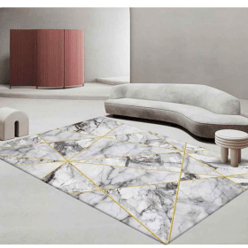 Covor modern imprimat 3D, 100% poliester, design marmură alb-gri cu linii geometrice aurii