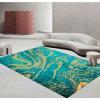 Covor modern living imprimat 3D, 100% poliester, design abstract turcoaz cu accente aurii