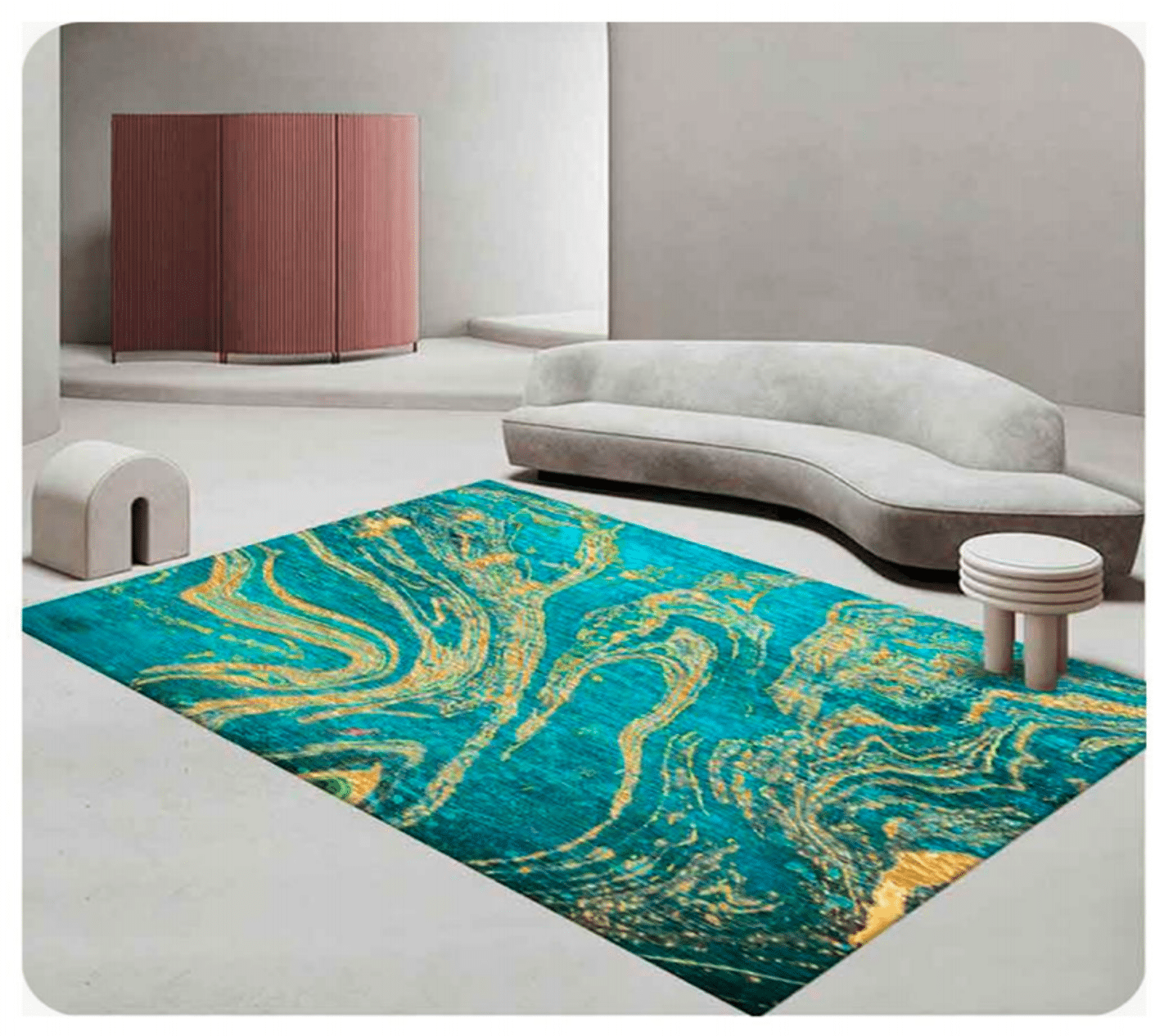 Covor modern living imprimat 3D, 100% poliester, design abstract turcoaz cu accente aurii