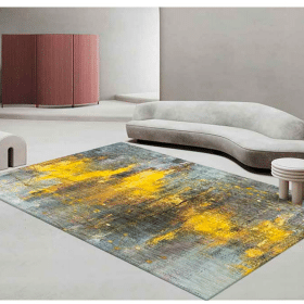 Covor living modern  imprimat 3D, 100% poliester, design abstract gri-verde cu accente aurii-galbene