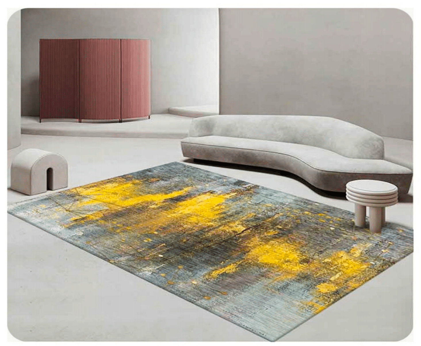 Covor living modern imprimat 3D, 100% poliester, design abstract gri-verde cu accente aurii-galbene
