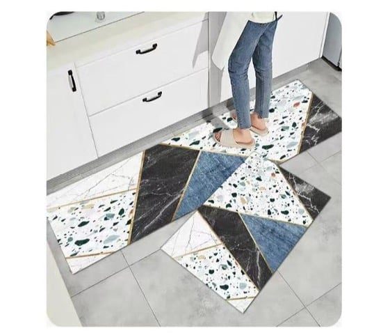 covoare bucătărie antiderapante, 140x60 cm , model geometric marmură alb-negru-albastru cu accente aurii