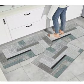 covoare bucătărie antiderapante, 140x60 cm , model geometric zig-zag gri-verde, 100% poliester