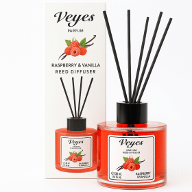 Odorizant cameră Veyes Raspberry & Vanilla – 130 ml Difuzor cu bețișoare, aromă de zmeură și vanilie