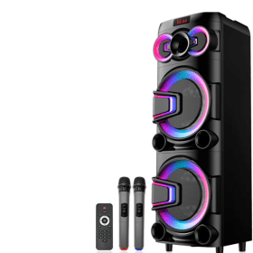 Boxă portabilă JRH 700W cu 2 difuzoare de 10”, Bluetooth, USB/SD, LED RGB, 2 microfoane wireless, conexiune pentru microfon și chitară, autonomie 3–5 ore și telecomandă inclusă.