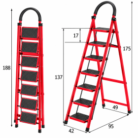 Scară Metalică JRH, 7 Trepte Antiderapante, Structură Solidă, Roșie, 175 cm, 150 kg