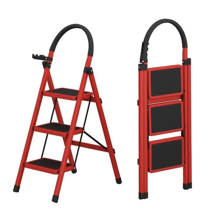 Scara Pliabila cu 3 Trepte Late Metalica, Picioare Antialunecare, Rosu cu Negru - imagine 2