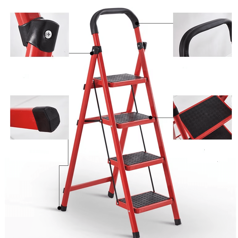 Scară Metalică Pliabilă JRH, 4 Trepte Antiderapante, Roșie - imagine 3