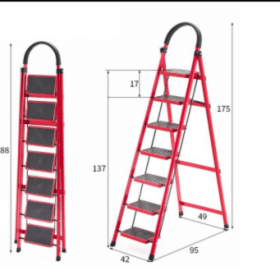 Scară Metalică JRH, 7 Trepte Antiderapante, Structură Solidă, Roșie, 175 cm, 150 kg