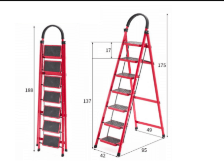 Scară Metalică JRH, 7 Trepte Antiderapante, Structură Solidă, Roșie, 175 cm, 150 kg
