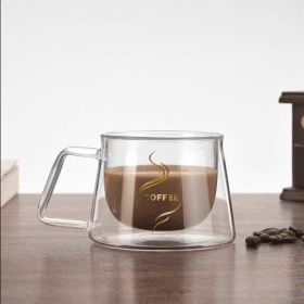 Ceasca cafea 200 ml din sticla borosilicata cu pereti dubli, mesaj COFFEE, termorezistenta, 9.5x7.5x7 cm