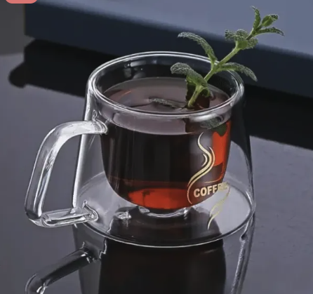 Ceasca cafea 200 ml din sticla borosilicata cu pereti dubli, mesaj COFFEE, termorezistenta, 9.5x7.5x7 cm - imagine 2