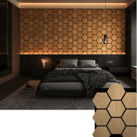 Panou Acustic Decorativ Hexagonal  Riflaj Modular Fagure, Cod 335s Nuc Auriu Premium