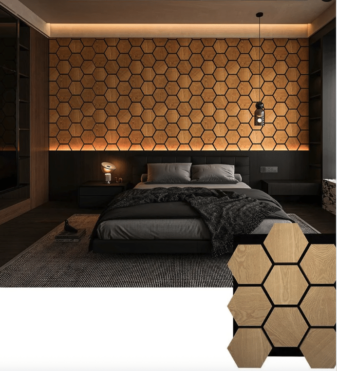 Panou Acustic Decorativ Hexagonal Riflaj Modular Fagure, Cod 335s Nuc Auriu Premium