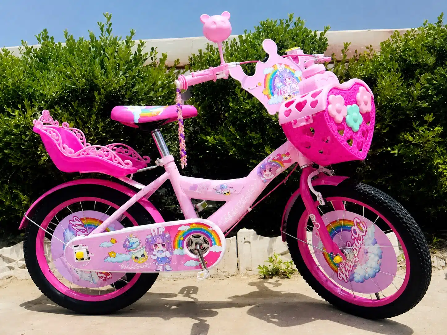 Bicicletă Fete 16 Inch Roz cu Coș Inimă, Scaun Păpuși , varsta 4–6 Ani