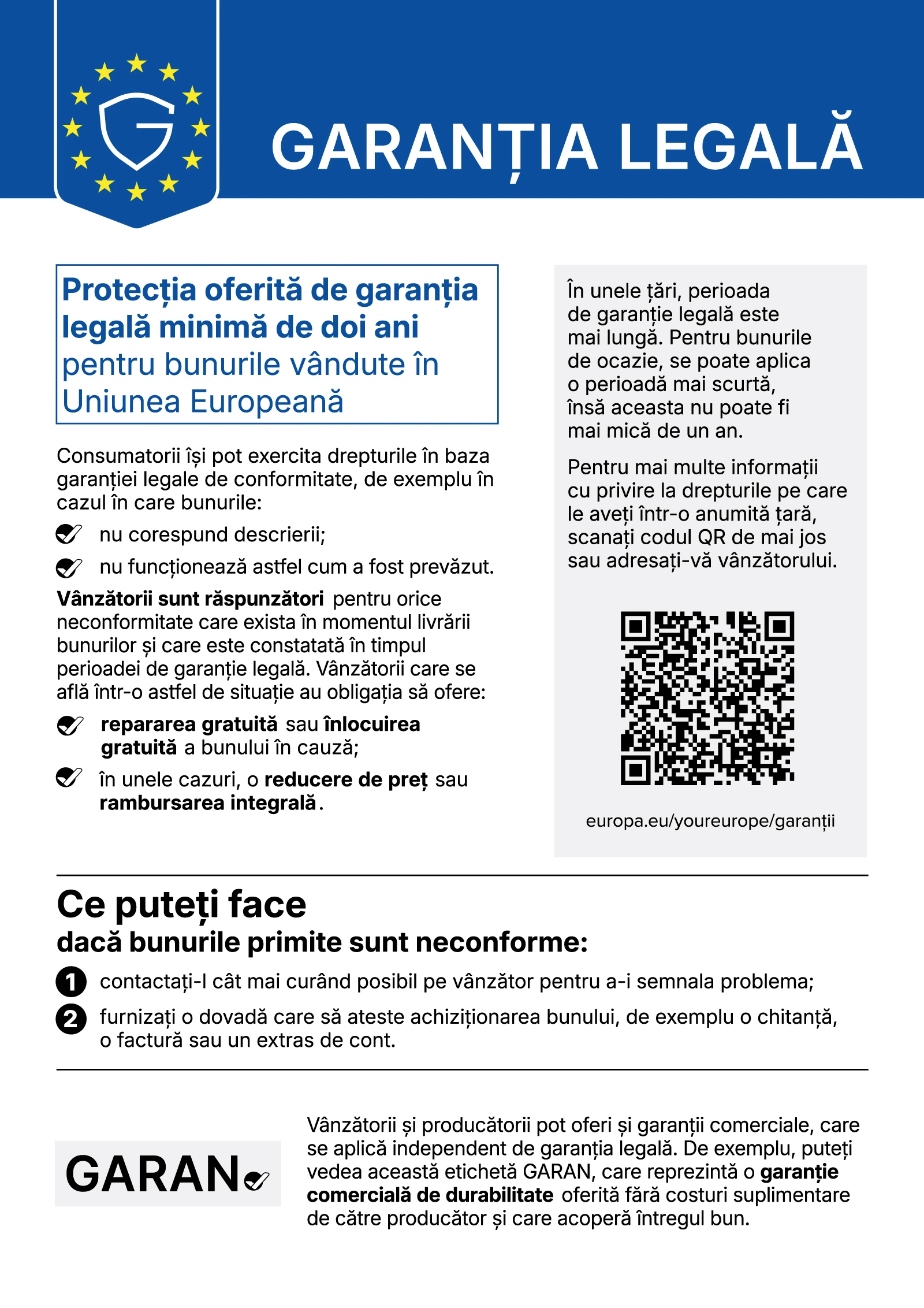 Notificare armonizată privind garanția legală de conformitate
