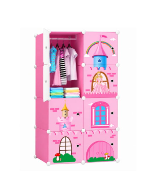 Dulap Modular Copii JRH, 8 Rafturi, 8 Usi, Design Castel cu Printesa, Otel si Polipropilena, 75 x 37 x 148 cm, Roz