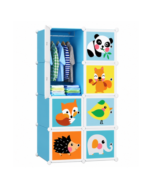 Dulap modular pentru copii, 8 rafturi, durabil, 76X37X147 cm, animalute, alb animalute